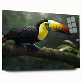 Vibrant tropical birds wall art display showcasing a colorful design on acrylic glass, featuring a side view without pins, ideal for enhancing home decor.