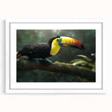 Tropical birds wall art collection framed with a white mat, showcasing vibrant colors and intricate details, perfect for enhancing home décor in a stylish setting.