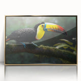 Framed tropical bird wall art featuring vibrant colors and intricate designs, set in a sleek gold frame, ideal for enhancing modern home decor. Perfect for nature lovers and art enthusiasts.