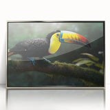 Framed acrylic wall art featuring vibrant tropical birds design with a sleek silver frame. Ideal for enhancing home decor with a touch of nature.