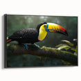 Framed canvas wall art showcasing a vibrant tropical bird design on a black background, perfect for adding a pop of color to home decor. Ideal for bird lovers.