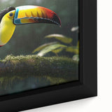 Close-up of a framed canvas featuring a vibrant tropical bird design with lush green foliage, showcasing vivid colors and intricate details, perfect for home decor.
