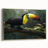 Framed wall art showcasing a vibrant tropical birds design on a gold background, highlighting the intricate details and colors of exotic birds, perfect for home decor.