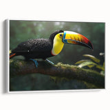 Framed wall art featuring a vibrant tropical bird design, showcasing rich colors and intricate details, set against a white backdrop for a modern aesthetic.