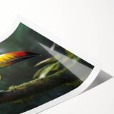 Vibrant tropical bird wall art print showcasing colorful parrots and exotic foliage, perfect for adding a lively touch to home decor. Ideal for nature enthusiasts and art lovers.