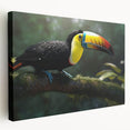 Tropical birds wall art collection featuring vibrant colors and intricate designs on stretched canvas, showcasing a side view with rich textures and details.