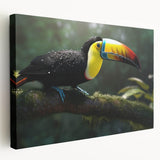 Tropical birds wall art collection featuring vibrant colors and intricate designs on stretched canvas, showcasing a side view with rich textures and details.