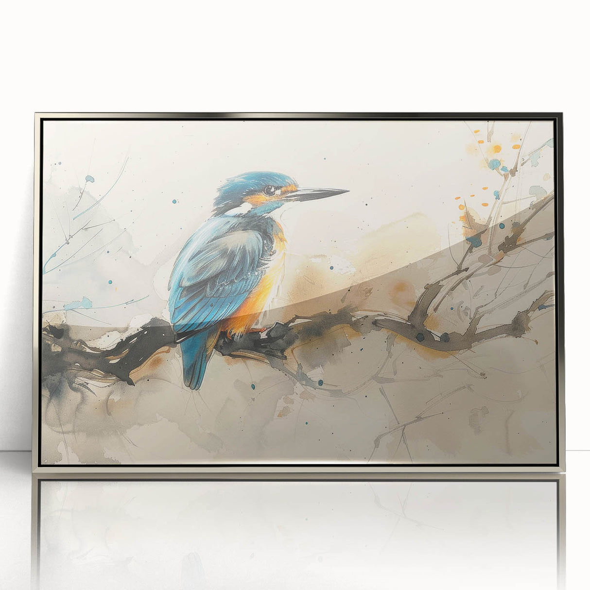 Framed wall art featuring vibrant tropical birds design in silver acrylic frame, showcasing vivid colors and intricate details, perfect for home decor.