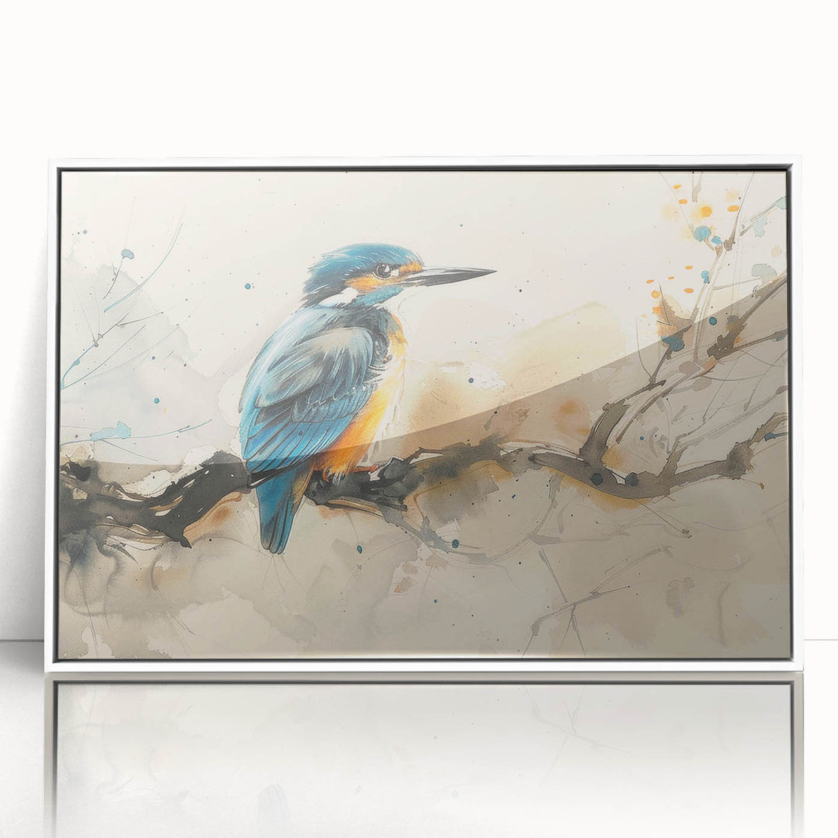 Framed wall art featuring a vibrant tropical bird design on a white background, perfect for enhancing home decor with a touch of nature. The acrylic frame adds a modern finish, making it an eye-catching piece for bird lovers and art enthusiasts alike.