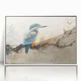 Framed wall art featuring a vibrant tropical bird design on a white background, perfect for enhancing home decor with a touch of nature. The acrylic frame adds a modern finish, making it an eye-catching piece for bird lovers and art enthusiasts alike.
