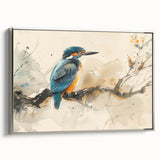 Framed wall art featuring a vibrant tropical birds design on canvas, showcasing colorful plumage and intricate details, displayed with a sleek silver frame.