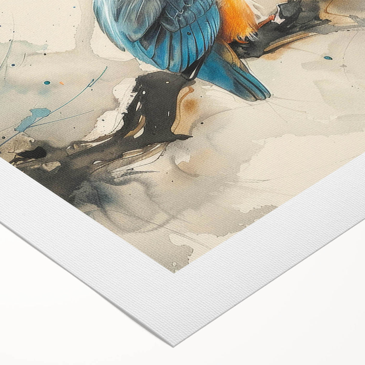 Vibrant tropical birds wall art design on rolled canvas, showcasing colorful feathers and intricate details, perfect for enhancing any living space or gallery wall.