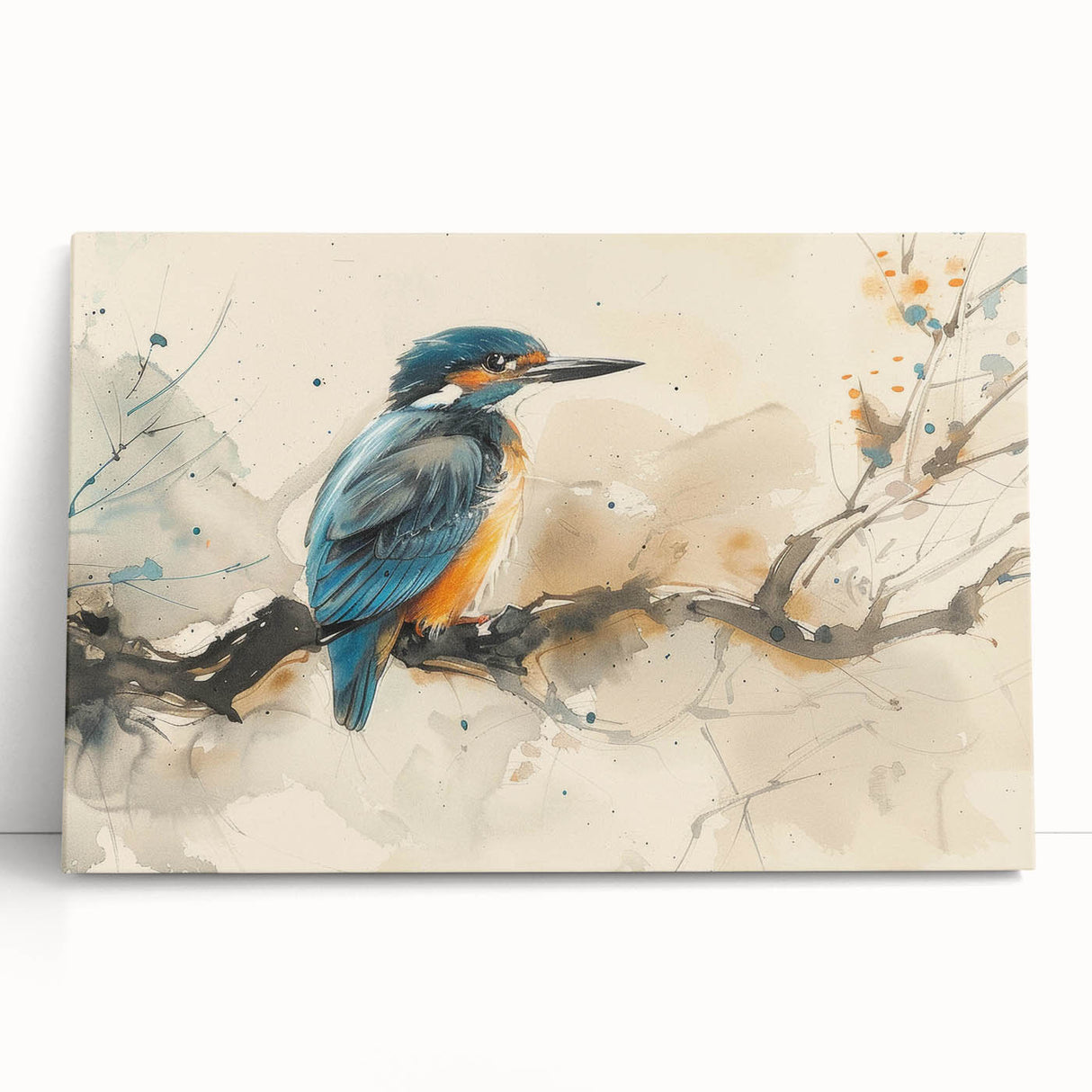 Tropical birds wall art collection featuring vibrant colors and intricate designs, printed on stretched canvas and elegantly leaning against a wall, ideal for home decor.
