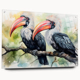Vibrant tropical birds wall art design displayed in a sleek acrylic glass frame, showcasing vivid colors and intricate details, perfect for enhancing home decor.