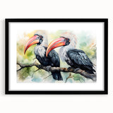 Tropical wall art featuring vibrant birds in a black frame with a mat, highlighting intricate details and vivid colors, perfect for enhancing home decor.