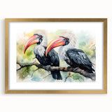 Tropical birds wall art featuring vibrant colors and intricate designs in a gold frame with matting, ideal for enhancing home decor and adding a lively touch.