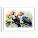 Tropical birds wall art framed in white mat, showcasing vibrant colors and intricate design, perfect for enhancing home decor in living spaces or offices.