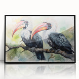 Framed acrylic wall art showcasing a vibrant tropical bird design in vivid colors, set against a sleek black frame, perfect for enhancing modern decor.
