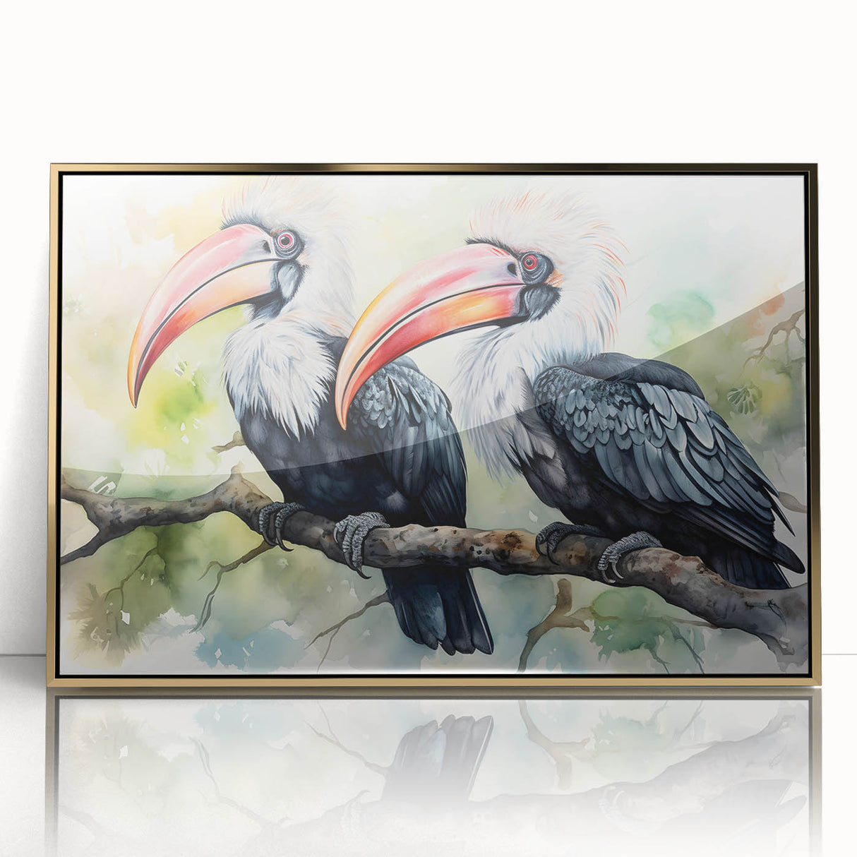 Framed wall art collection showcasing a vibrant tropical bird design with gold accents, elegantly displayed in an acrylic frame, perfect for enhancing home decor.