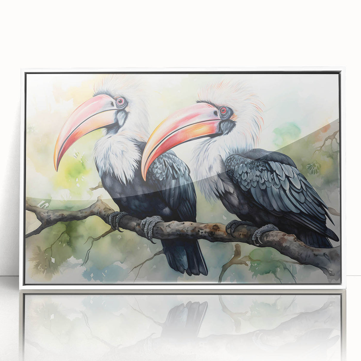 Framed wall art featuring a vibrant tropical birds design with a white frame, showcasing colorful parrots and exotic foliage, perfect for brightening home decor.