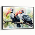 Tropical birds wall art collection displayed in a framed canvas with a sleek black side view, showcasing vibrant colors and intricate designs for a stylish decor accent.