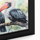 Close-up of a vibrant tropical birds wall art design, featuring lush greens and colorful feathers, elegantly framed in a modern style, perfect for home decor.