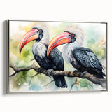 Framed tropical birds wall art collection showcasing vibrant colors and intricate details, displayed from a side view with a sleek silver frame, perfect for enhancing home decor.