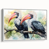 Framed canvas wall art showcasing a vibrant tropical bird design with a white border, ideal for enhancing home decor. Features lush colors and intricate details, perfect for bird lovers and nature enthusiasts.