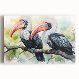 Tropical bird wall art design on stretched canvas, showcasing vibrant colors and intricate details of exotic birds in a lush setting. Perfect for home decor.