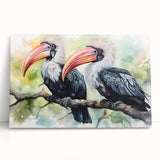 Tropical birds wall art on stretched canvas, showcasing vibrant colors and intricate details, perfect for enhancing any living space or office decor.