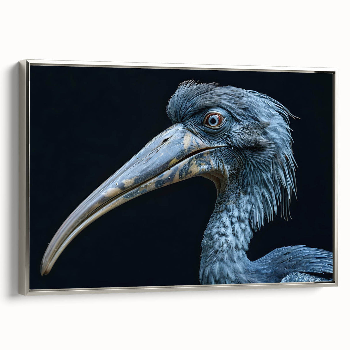 Framed canvas wall art featuring vibrant tropical birds design in silver frame, showcasing rich colors and intricate details, ideal for home decor.