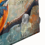 Close-up of vibrant tropical bird wall art collection printed on acrylic glass, showcasing vivid colors and intricate details in a modern decor setting.