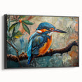 Framed canvas wall art showcasing a vibrant tropical bird design in vivid colors, presented in a sleek black frame, ideal for enhancing modern interior decor.