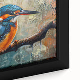 Close-up of a vibrant tropical birds wall art design, featuring detailed illustrations of colorful exotic birds on a textured canvas, framed for an elegant display.