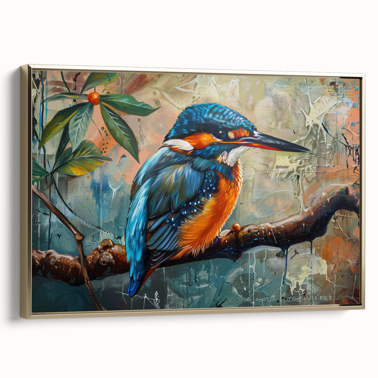 Framed canvas artwork showcasing a vibrant tropical bird design in rich colors, with a gold frame enhancing its elegance, perfect for home decor.