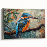 Framed canvas wall art featuring vibrant tropical birds in a lush green setting, showcasing intricate details and a silver frame for an elegant touch. Perfect for enhancing home decor.