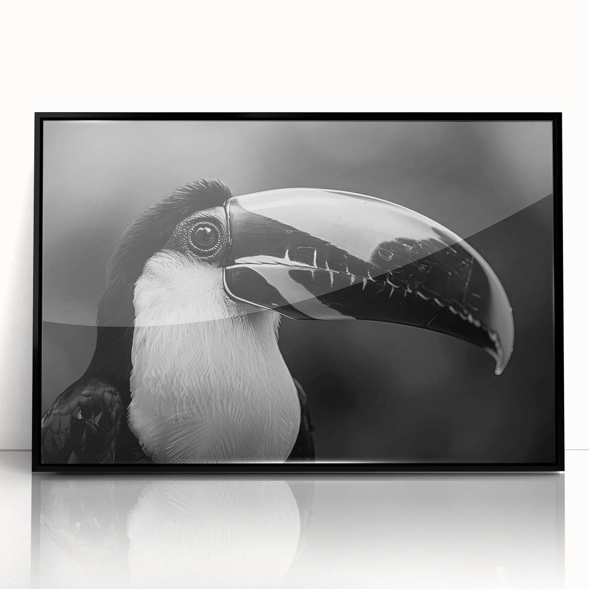 Framed acrylic wall art featuring a vibrant tropical bird design, showcasing a mix of colors like green, blue, and yellow, perfect for modern home decor.