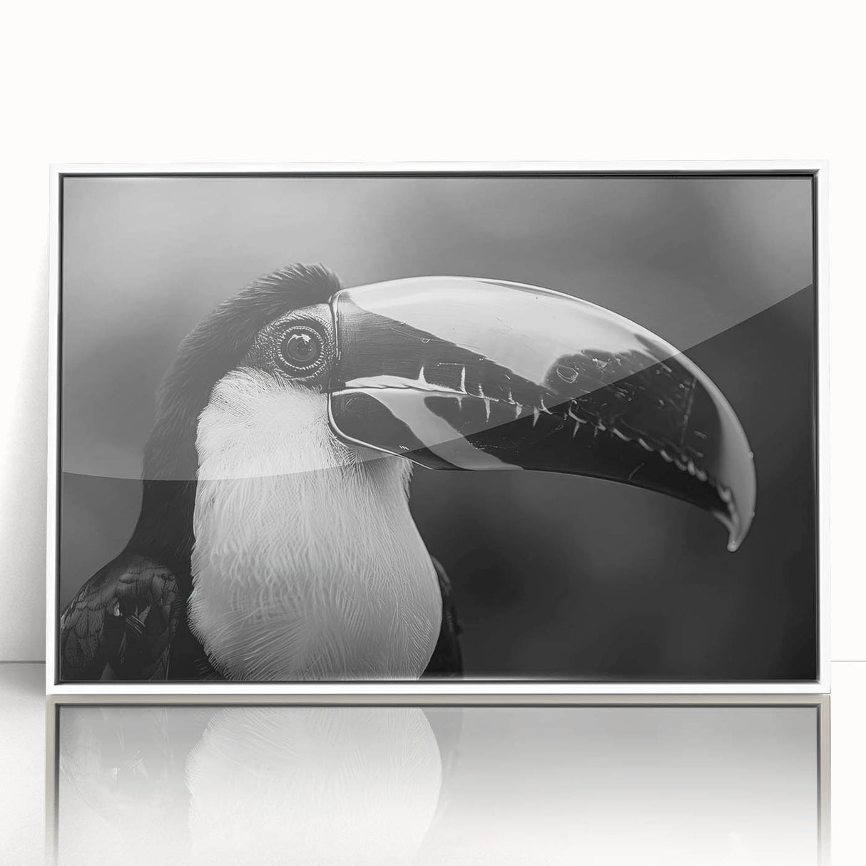 Framed wall art featuring a vibrant tropical bird design in a white frame, showcasing colorful parrots and lush foliage, perfect for enhancing home decor.