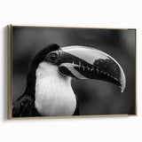 Tropical wall art featuring vibrant bird designs on a framed canvas with a gold border, showcasing a side view that highlights the intricate details and colors.