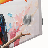 Close-up of vibrant tropical bird wall art featuring lush colors and intricate details, designed for modern decor, showcasing nature's beauty in acrylic glass.