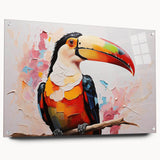 Vibrant tropical bird wall art collection displayed in acrylic glass with pins, showcasing a colorful design that enhances any room's decor. Perfect for nature lovers and modern interiors.