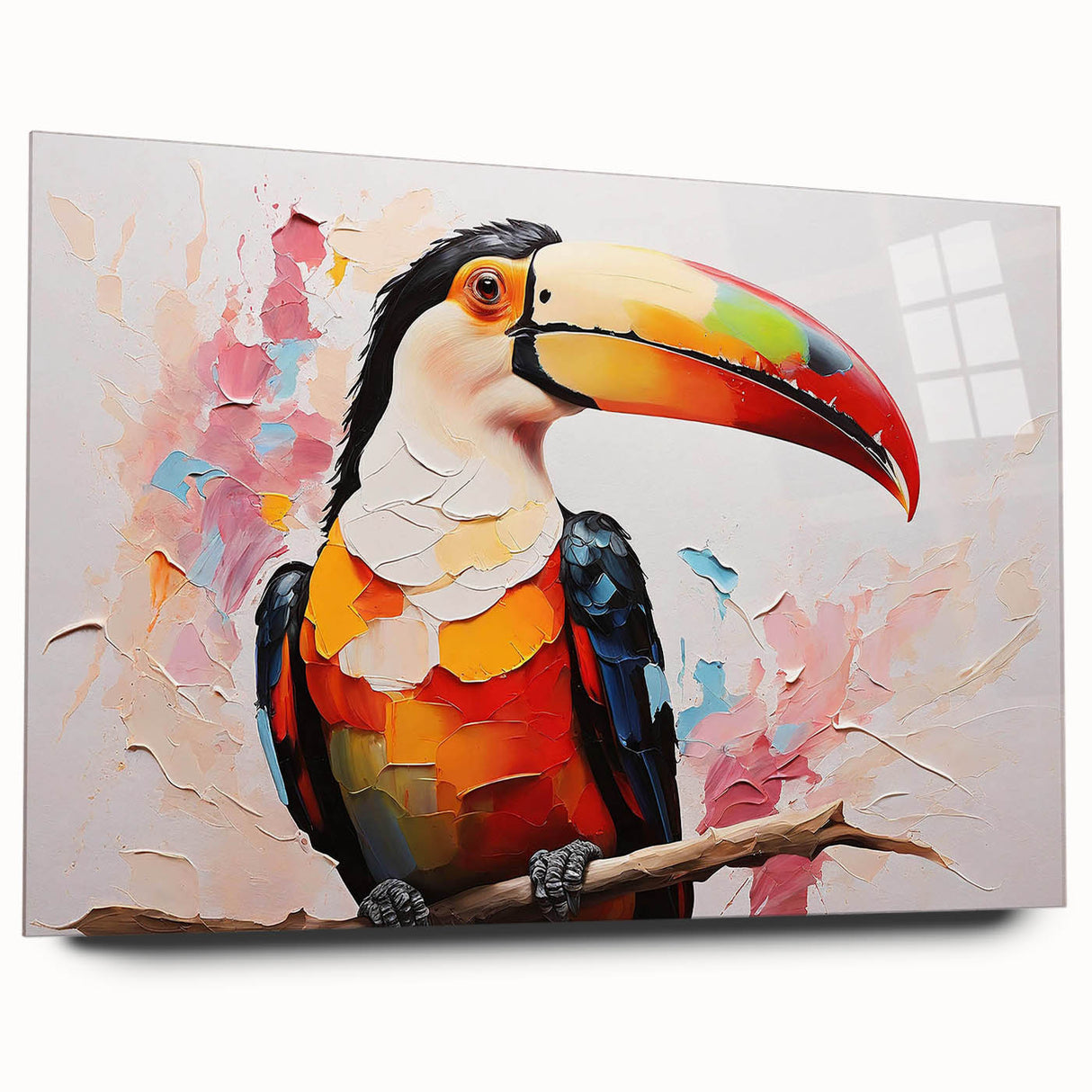 Acrylic glass wall art featuring a vibrant tropical bird design, showcasing rich colors and intricate details, ideal for enhancing modern home decor.