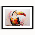 Tropical birds wall art collection framed in black with a white mat, showcasing vibrant colors and intricate details, perfect for home decor enthusiasts.