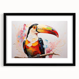 Tropical birds wall art collection framed in black with a white mat, showcasing vibrant colors and intricate details, perfect for home decor enthusiasts.