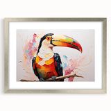 Tropical birds wall art collection framed with a silver mat, showcasing vibrant bird designs on a white background, ideal for brightening home decor.