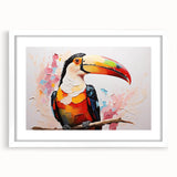 Tropical birds wall art collection framed with a white mat, showcasing vibrant colors and intricate designs, perfect for enhancing home decor aesthetics.