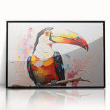 Framed wall art featuring a vibrant tropical birds design on acrylic, showcasing bright colors and intricate details, ideal for enhancing modern home decor.
