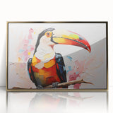 Framed wall art featuring a vibrant tropical bird design with gold accents, displayed from a front view, perfect for enhancing home decor.