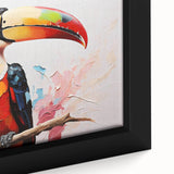 Vibrant close-up of a tropical bird-themed wall art design featuring colorful parakeets and lush foliage, elegantly framed as canvas art for home decor. Perfect for adding a touch of nature-inspired charm to any room.