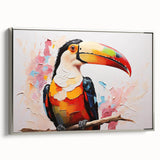 Framed wall art featuring a vibrant tropical bird design with lush foliage, showcasing a silver frame and a side view that highlights its colorful details and texture.